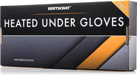 Verpakking van BERTSCHAT PRO verwarmde onderhandschoenen, zwart met oranje accenten en tekst.