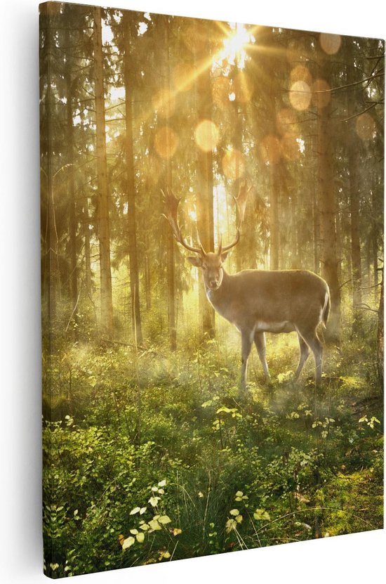 Artaza - Peinture sur toile - Cerf dans la forêt avec soleil - 40 x 50 - Photo sur toile - Impression sur toile
