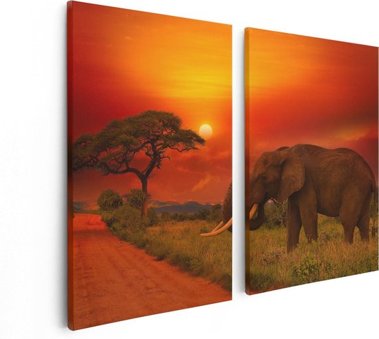 Artaza Canvas Schilderij Tweeluik Olifant In Het Wild Tijdens Zonsondergang - 80x60 - Foto Op Canvas - Canvas Print