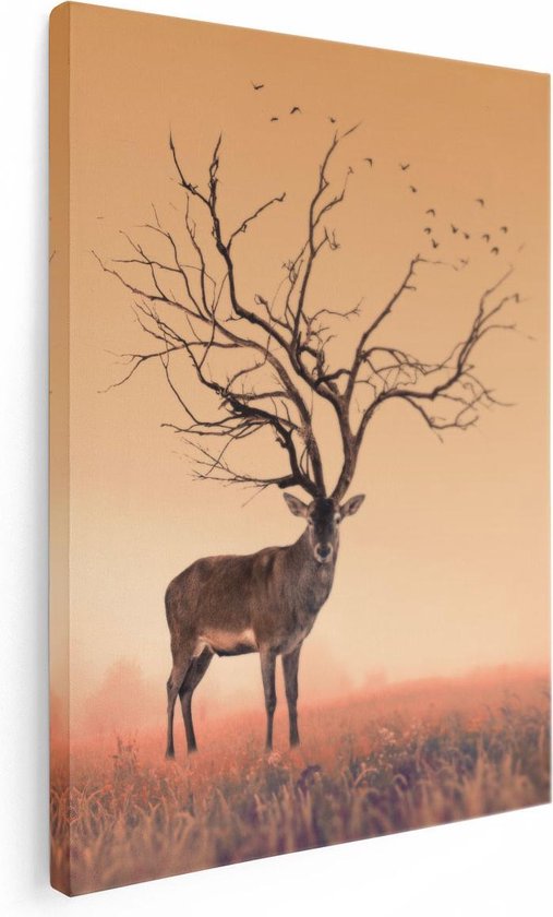 Artaza Canvas Schilderij Hert Met Een Bomen Gewei - 60x80 - Foto Op Canvas - Canvas Print