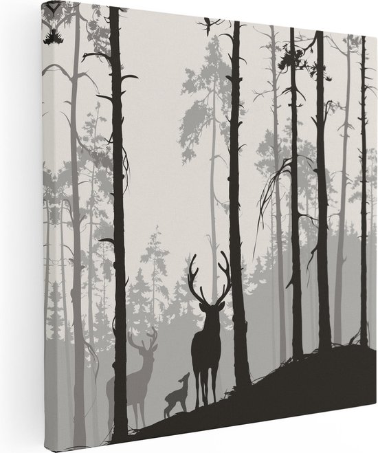 Artaza Canvas Schilderij Herten In Het Bos - Silhouet  - 50x50 - Foto Op Canvas - Canvas Print