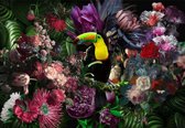 Glasschilderij Bloemen - Vogel - Toekan - 120x80cm - Rood, Groen, Roze - Fotokunst Schilderij Woonkamer