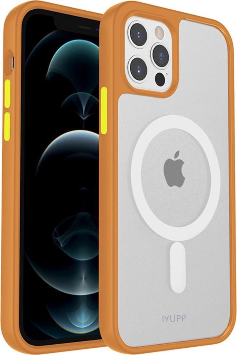 IYUPP Bumper met Magsafe geschikt voor Apple iPhone 12 / 12 Pro Hoesje Oranje x Transparant - Shockproof
