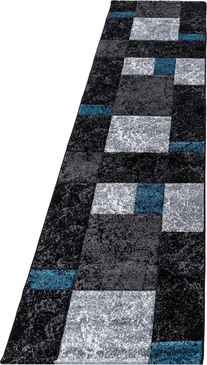 Ayyildiz Laagpolig vloerkleed met ruitpatroon, turquoise kleur, geschikt voor de woonkamer, met jute achterkant, afmeting: 80 x 300 cm