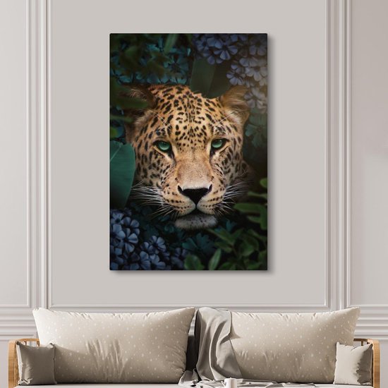 Peintures sur toile Panthère - Jungle - Fleurs - Plantes - 120x180 cm - Décoration murale XXL