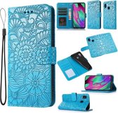 Voor Samsung Galaxy A40 Huid Voelen Reliëf Zonnebloem Horizontale Flip Lederen Case met Houder & Kaartsleuven & Portemonnee & Lanyard (Blauw)