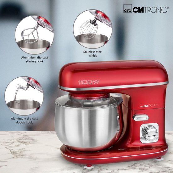 Clatronic KM 3712 krachtige kneedmachine incl. transparant spatdeksel met navulopening, 1100 watt, 5 liter, draaibare multifunctionele arm, rood van Clatronic — afbeelding 2