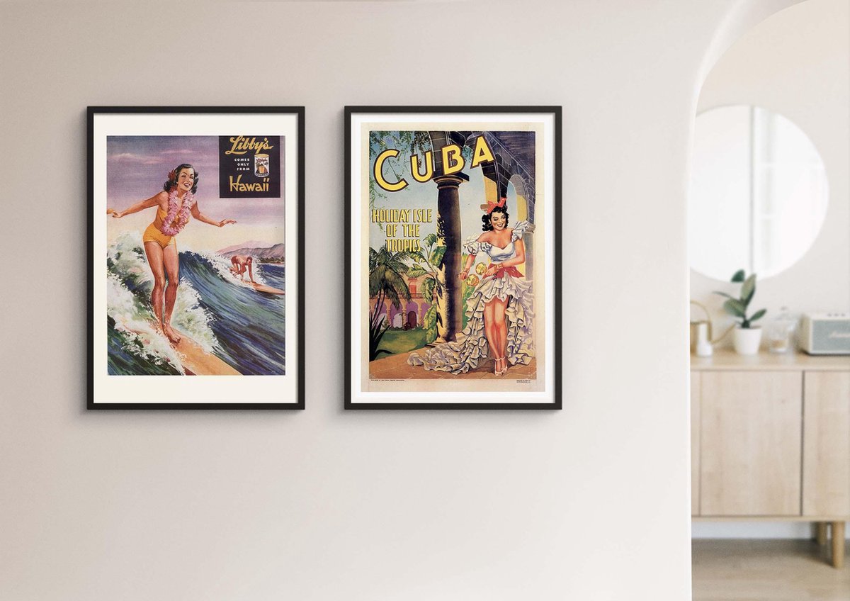 Esque Fotowand Vintage Reisposters - Cuba & Hawaii - Poster Set van 2 - Surfing Retro - 70x50 cm - Travel Wanddecoratie Posterset