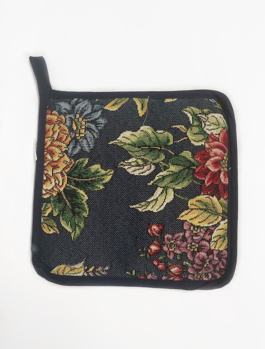 Pannenlap- luxe gobelinstof - Kate Navy - Donker Blauw met kleurige bloemen