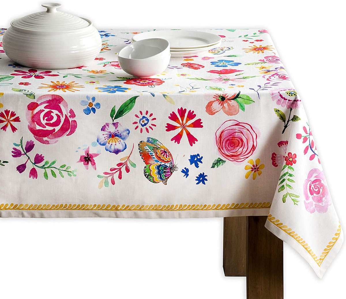 Happy Florals-Sweety 100% katoenen tafelkleed voor keuken | diner | tafelblad | decoratie feesten | bruiloften | lente/zomer (rechthoekig, 140 cm x 180 cm)