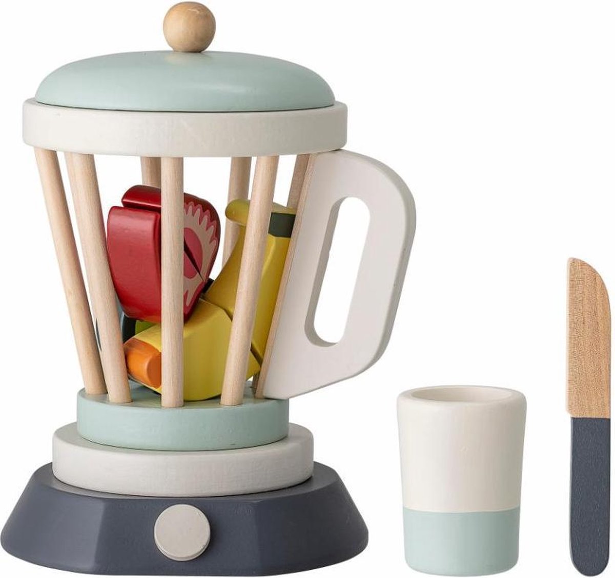 Bloomingville Speelset Blender LENE van hout, 6-delig – Witte smoothie-set met beker, mes & fruit – Magnetisch snijfruit voor realistisch rollenspel vanaf 3 jaar
