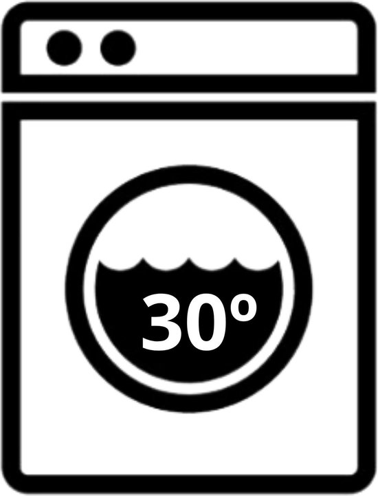 Pictogram van een wasmachine met symbool voor 30 graden wassen.