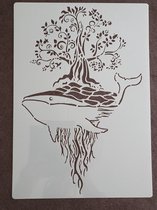 Walvis met boom, stencil, A4, kaarten maken, scrapbooking