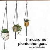 Bamboez - Macramé plantenhanger - Groen - ↕ 80-95-115 cm - Ø tot 10-18 cm - Set van 3 stuks - 100% Katoen - Inclusief zwarte schroefhaken - Handgemaakt in Nederland
