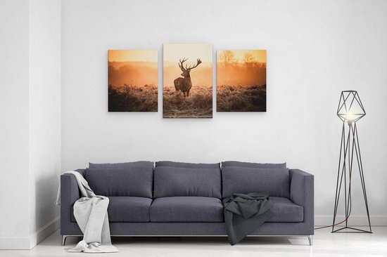 Artaza - Triptyque de peinture sur toile - Cerf dans le pâturage pendant le lever du soleil - 120x60 - Photo sur toile - Impression sur toile