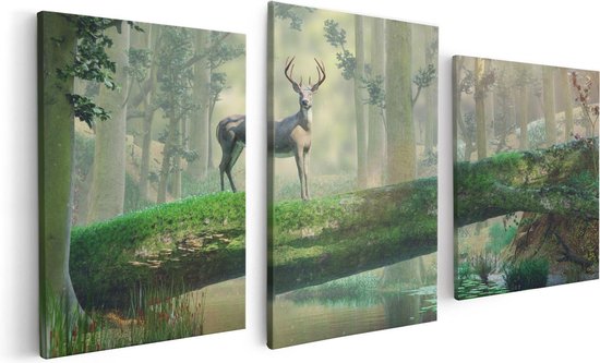Artaza Canvas Schilderij Drieluik Hert In Het Bos Op Een Boom - 120x60 - Foto Op Canvas - Canvas Print