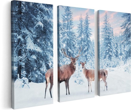 Artaza - Triptyque de peinture sur toile - Deux cerfs dans la forêt avec de la neige - 120x80 - Photo sur toile - Impression sur toile