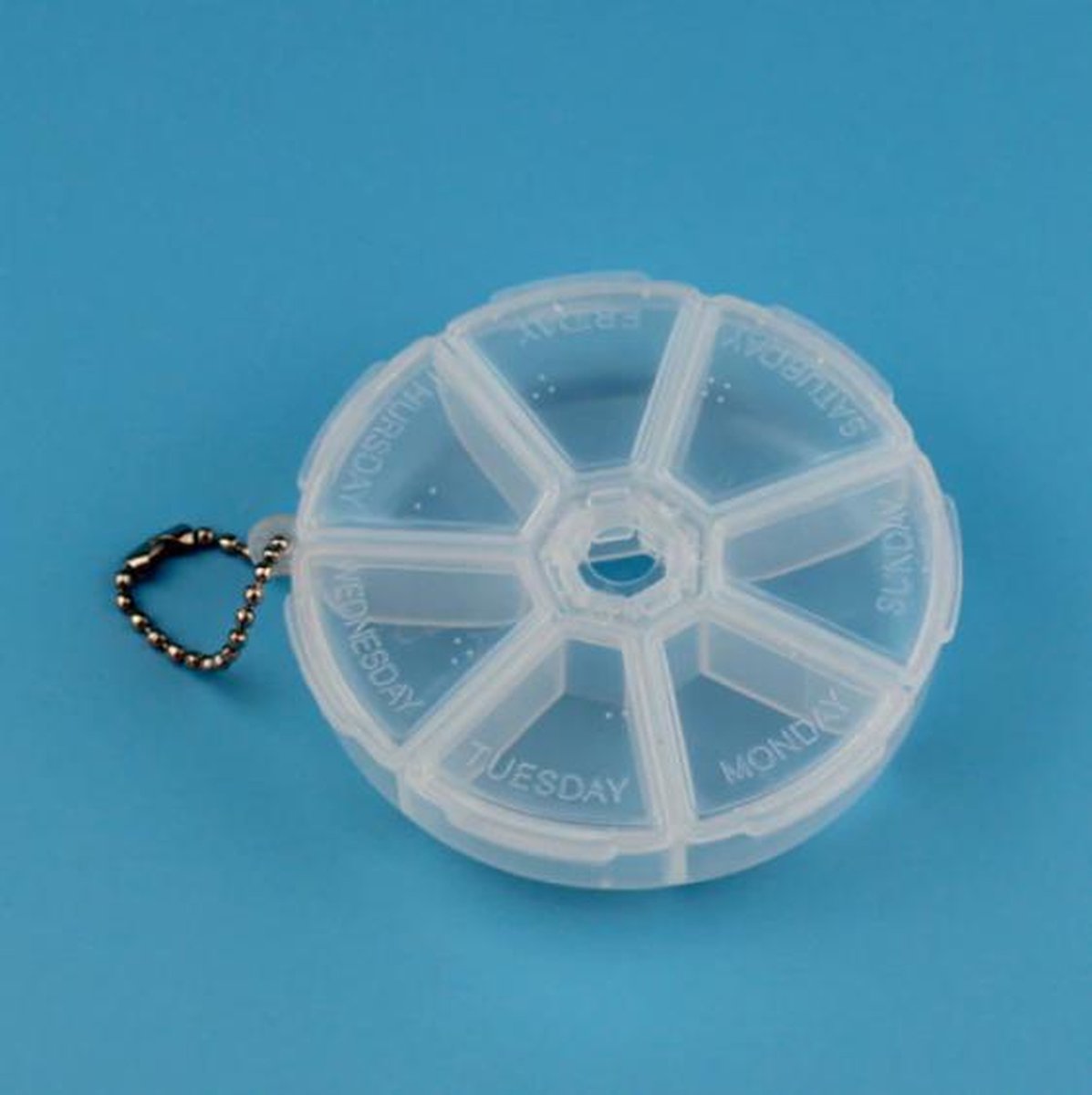 Goedkoopste FSW-Products - Pillendoos - Rond - 7 Dagen - Medicijnen - Bewaardoos met Ketting - Transparant - Pillendoosje - Pillen organizer - Opbergdoos voor pillen - Opbergdoos - Sieradendoos - Sieraden