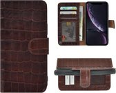 iPhone XR Hoesje Leer - Bookcase - iPhone XR Book Case Wallet Echt Leer Croco Bruin Cover