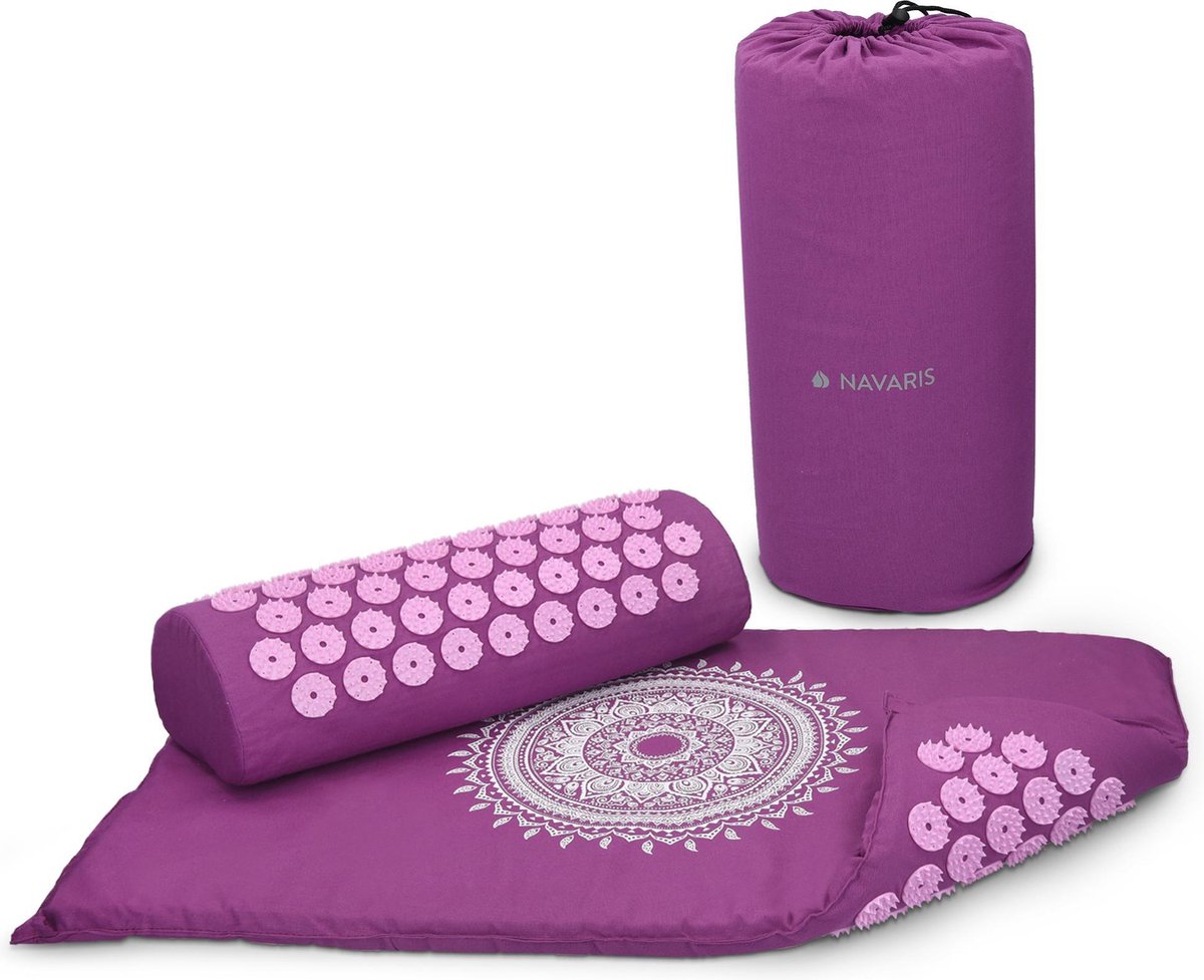 Goedkoopste Navaris spijkermat met kussen - Voor rug, nek, schouders, spieren en ontspanning - Inclusief draagtas - Paars - Indian Sun design