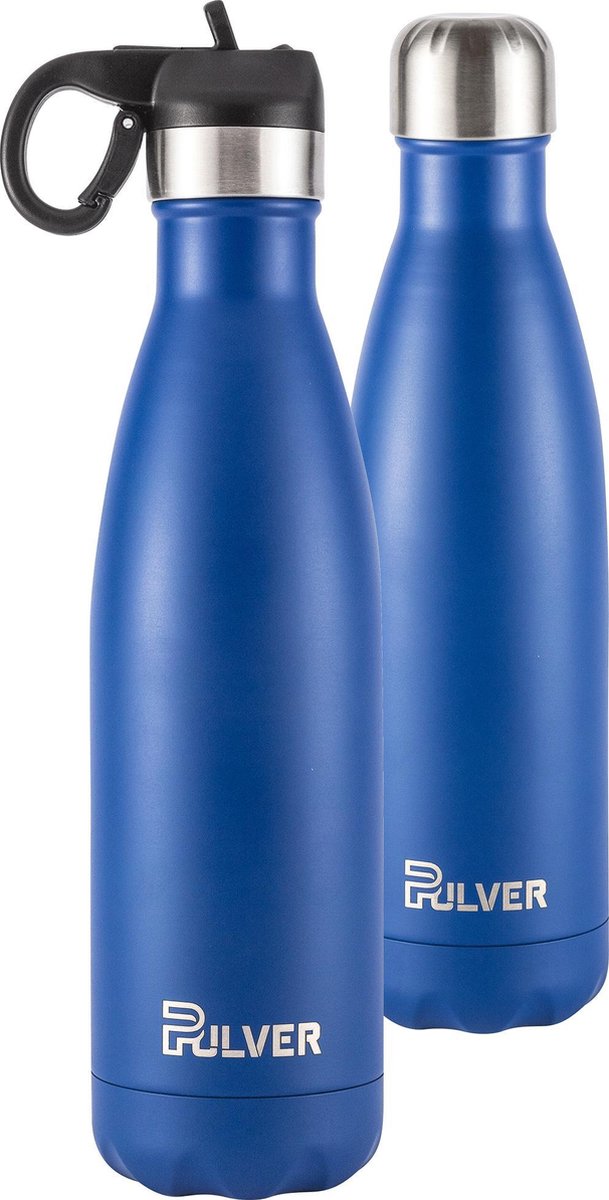 Pulver - Luxe RVS Thermosfles / Drinkfles – BPA Vrij – 500 ml - Waterfles met Rietje – Drinkfles – Dubbele isolatie - Blauw
