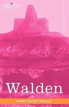 Couverture de livre avec le titre Walden et un paysage de montagne rose.
