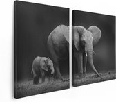 Artaza - Toile Peinture Diptyque - Éléphant Mère Et Fils - Zwart Wit - 120x80 - Photo Sur Toile - Impression Sur Toile