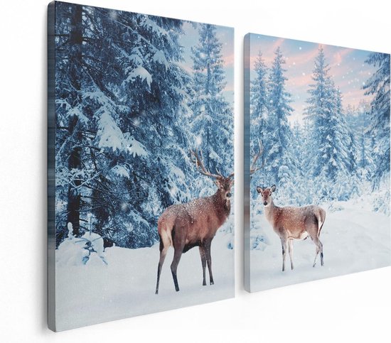 Artaza Canvas Schilderij Tweeluik Twee Herten In Het Bos Met Sneeuw - 120x80 - Foto Op Canvas - Canvas Print