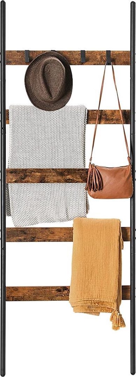 Segenn's Ladderplank met 5 Sporten - Handdoekhouder - Handdoek Plank - Leiterregal - Ladderplank - Leun Plank - 65 cm Breed - Schuin - voor Handdoeken - Sjaals - Dekens - Stalen Frame - Vintage Bruin-Zwart