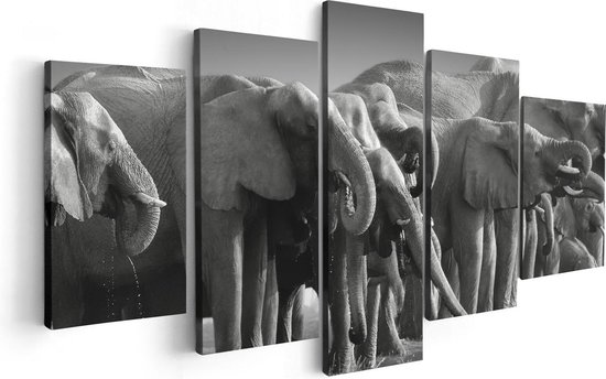 Pentaptyque Artaza - Peinture sur toile - Groupe d'éléphants au bord de l' Water - Zwart Wit - 100x50 - Photo sur toile - Impression sur toile