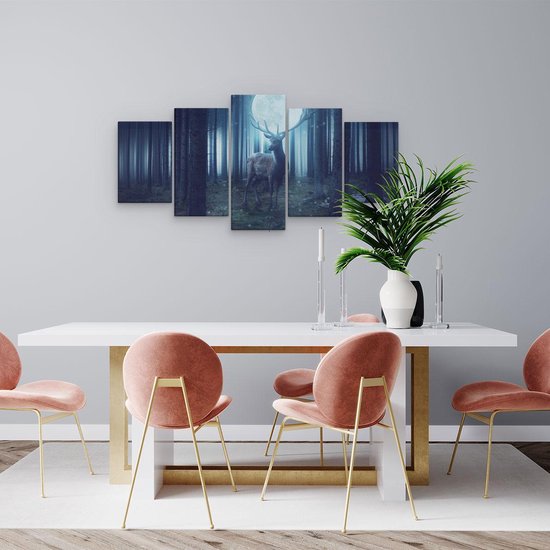 Pentaptyque Artaza - Peinture sur toile - Cerf dans la forêt pendant la pleine lune - 100x50 - Photo sur toile - Impression sur toile