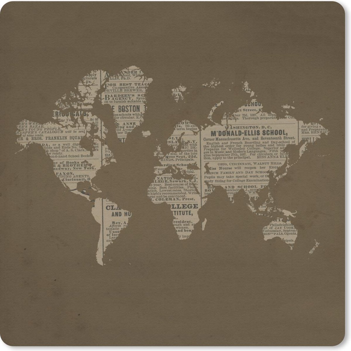 Muismat 30x30 cm - Mousepad Wereldkaart - Krant - Bruin - Muismatten