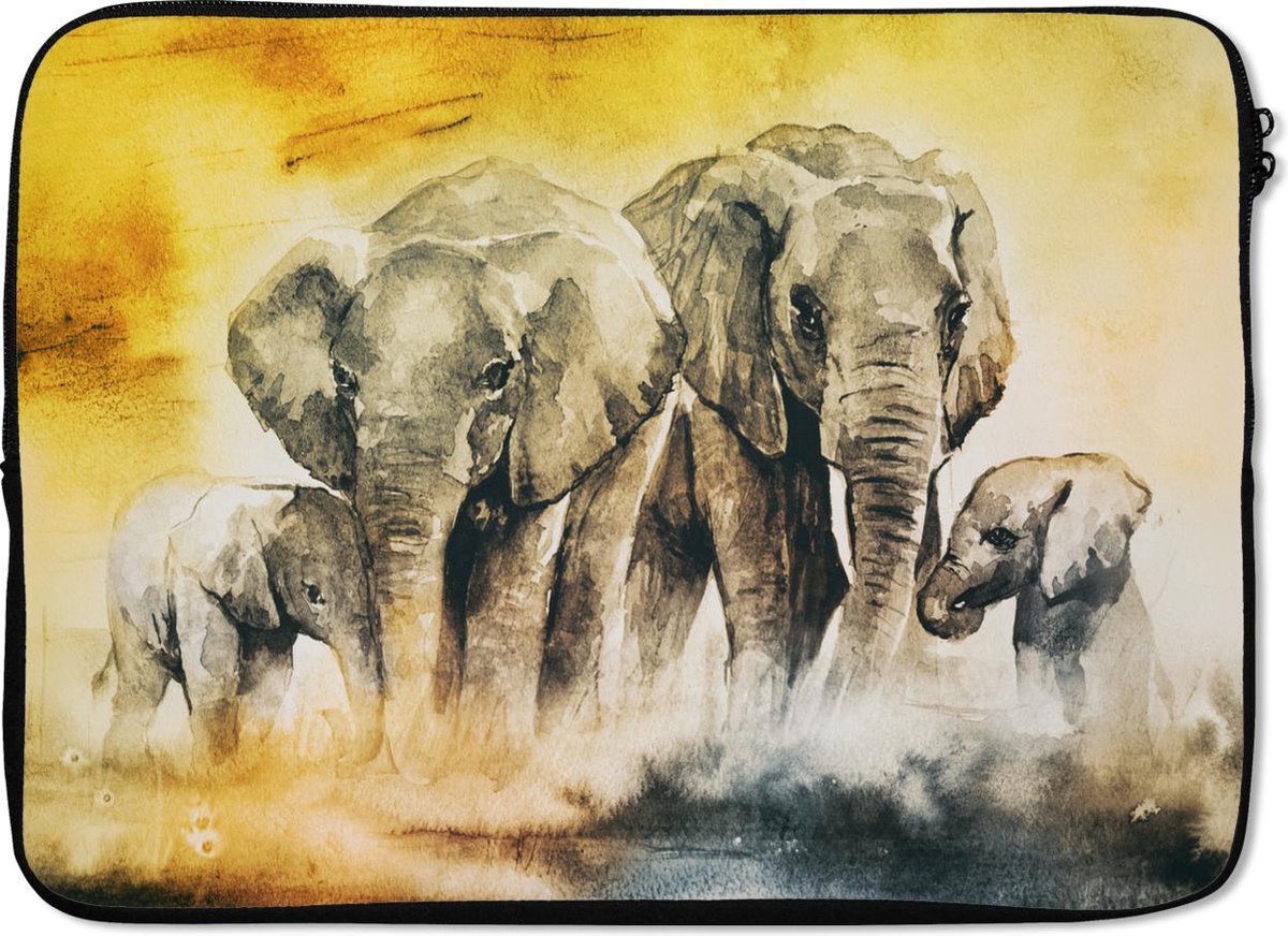 Laptophoes 13 inch - Olifant - Aquarelverf - Familie - Laptop sleeve - Binnenmaat 32x22,5 cm - Zwarte achterkant