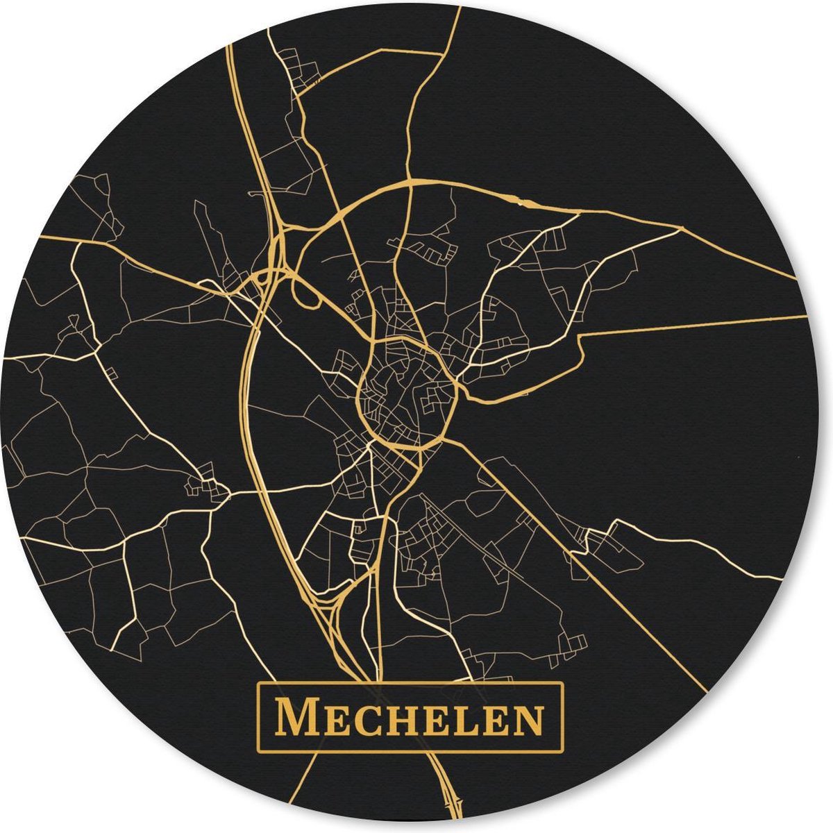 Muismat rond 20x20 cm - Mousepad Kaart - Mechelen - Goud - Zwart - Ronde muismatten