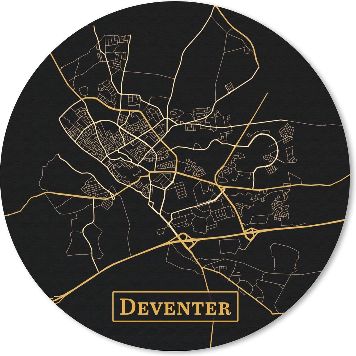 Muismat - Mousepad - Rond - Kaart - Deventer - Luxe - Goud - Zwart - 30x30 cm - Ronde muismat