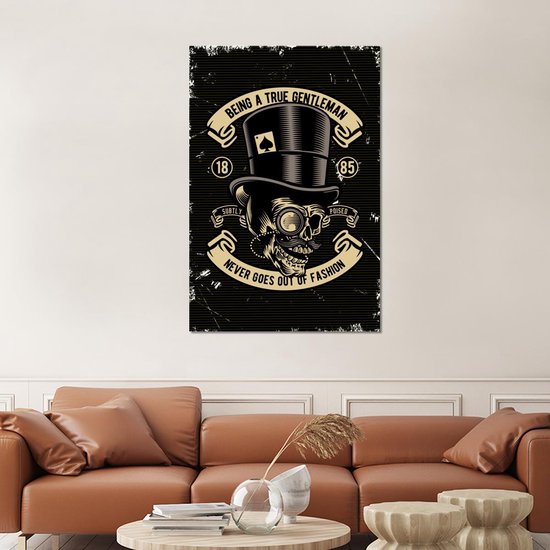 Aluminium schilderij 100x150 cm - Wanddecoratie metaal - Doodskop - Hoed - Retro - Tekening - Metalen muurdecoratie woonkamer - Decoratie industrieel - Foto op dibond - Industriële accessoires slaapkamer