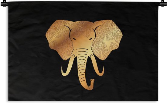 Wandkleed - Wanddoek - Olifant - Kop - Goud - Patroon - 120x80 cm - Wandtapijt