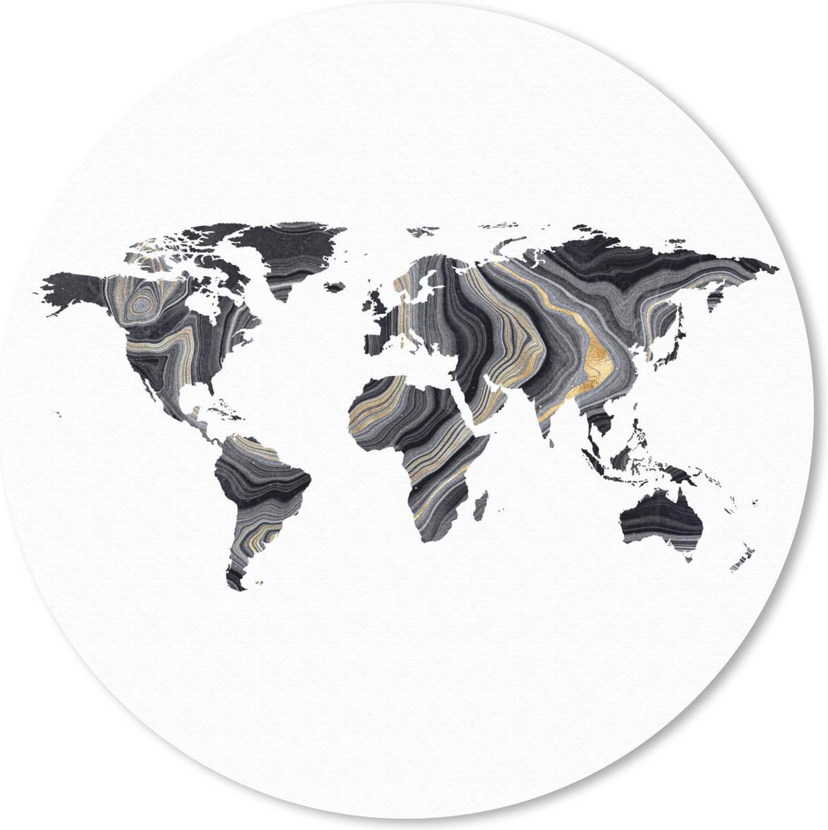 Muismat rond 30x30 cm - Mousepad Wereldkaart - Goud - Zwart Wit - Ronde muismatten