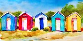 JJ-Art (Glas) | Strandhuisjes, kleurrijk in abstracte geschilderde stijl | Strand, bomen, geel, rood, blauw, groen | Foto-schilderij-glasschilderij-acrylglas-acrylaat-wanddecoratie