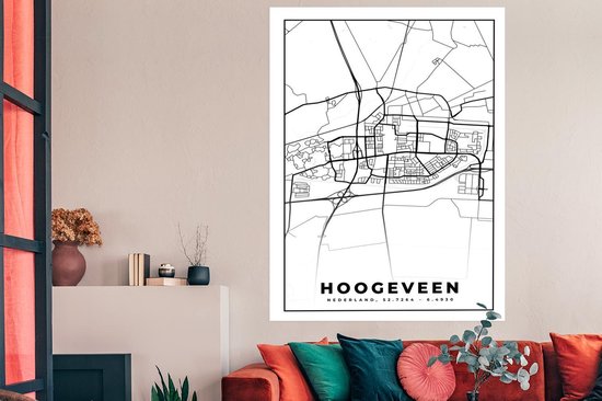Affiche Carte - Hoogeveen - Zwart - Wit - 120x180 cm XXL