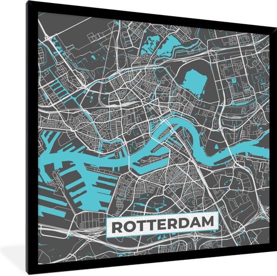 Fotolijst incl. Poster - Plattegrond - Rotterdam - Grijs - Blauw - 40x40 cm - Posterlijst - Stadskaart