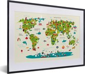 Wereldkaart Kinderen - Groen - Dieren - Schoolplaat - Kinderkamer - 40x30 cm