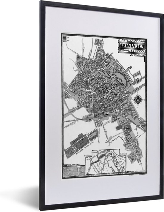 Fotolijst incl. Poster Zwart Wit- Stadskaart - Groningen - Zwart Wit - 40x60 cm - Posterlijst - Plattegrond