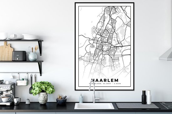 Affiche avec cadre Carte - Haarlem - Zwart - Wit - 60x90 cm
