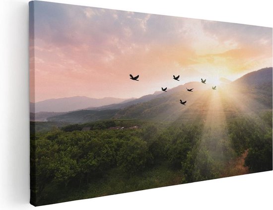 Artaza Canvas Schilderij Silhouet Zwerm Vogels Bij Zonsondergang - 100x50 - Groot - Foto Op Canvas - Canvas Print