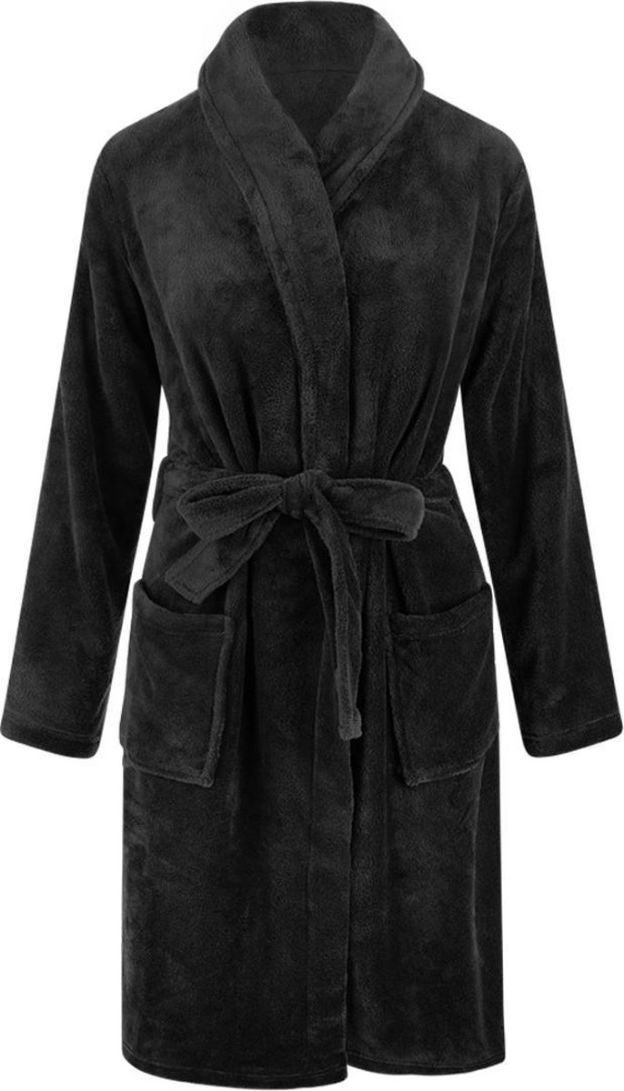 Kinderbadjas - zwart - kinder badjas fleece - meisjes & jongens - ochtendjas- maat 134/140