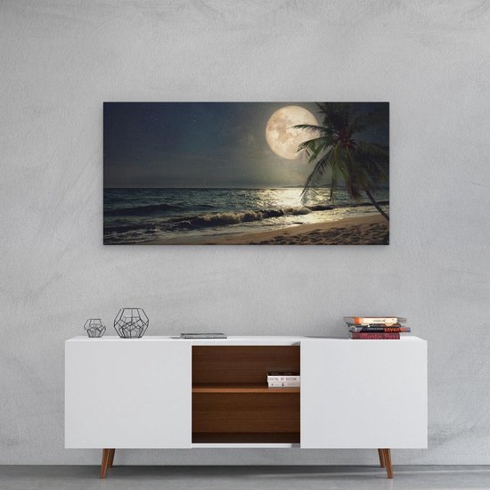 Artaza Toile Peinture Plage Tropicale La Nuit Avec Pleine Lune - 80x40 - Image Sur Toile - Impression Sur Toile