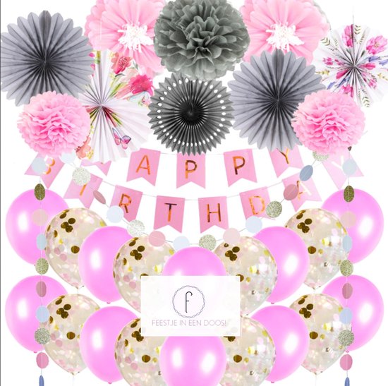 Tekstschrijver woede een keer Pink flower - verjaardag versiering - thema - roze grijs wit glitter  bloemen -... | bol.com