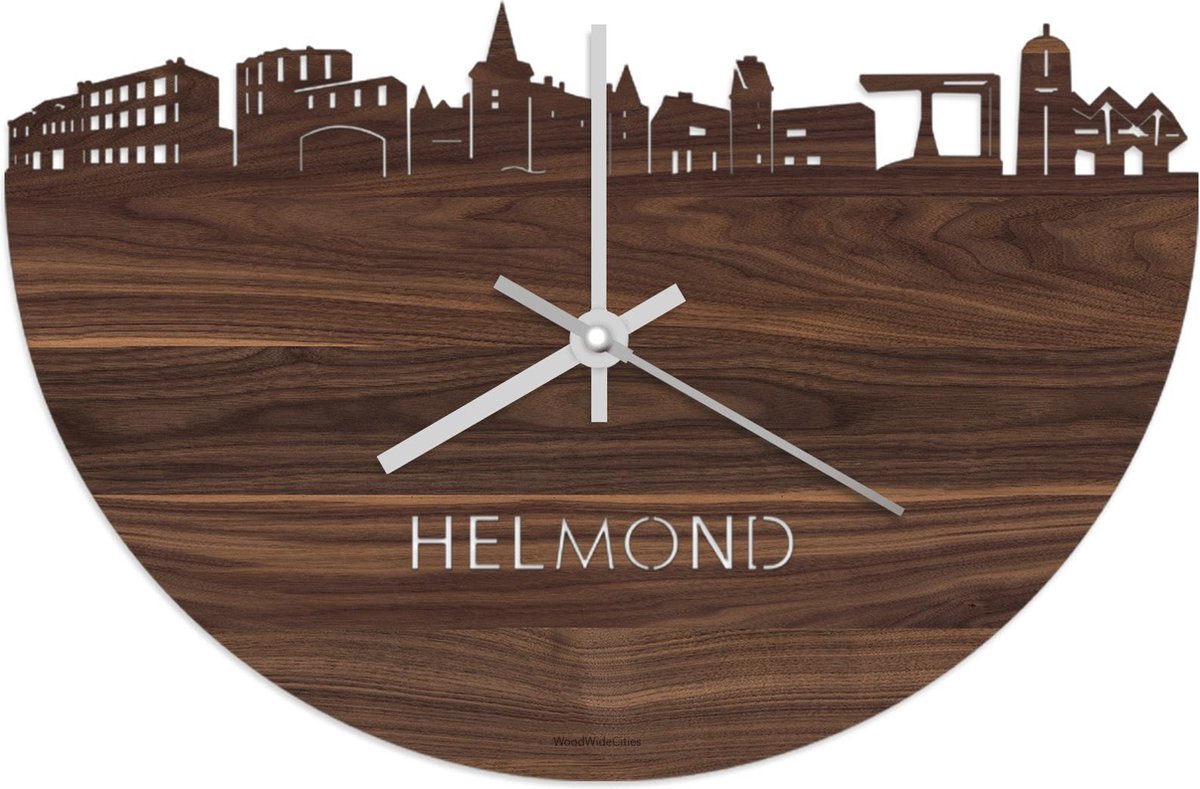Skyline Klok Helmond Notenhout - Ø 40 cm - Stil uurwerk - Wanddecoratie - Meer steden beschikbaar - Woonkamer idee - Woondecoratie - City Art - Steden kunst - Cadeau voor hem - Cadeau voor haar - Jubileum - Trouwerij - Housewarming - WoodWideCities