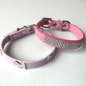 Roze Honden Halsband Leer - 2 Stuks - Strass - 19 Tot 24 CM Halsbreedte - Voor Kleinere Honden